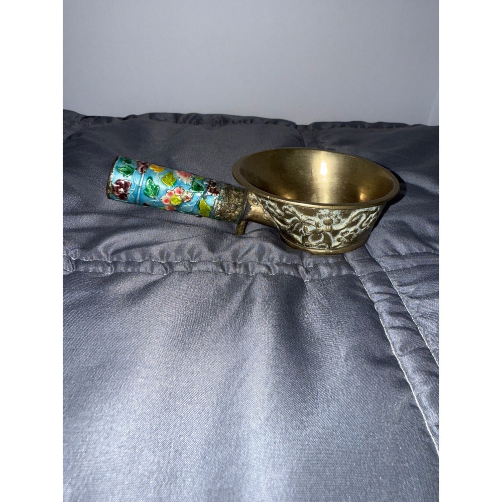 Vintage Chinese Brass Silk Iron Cloisonne Floral Enamel Handle Decorative Pan